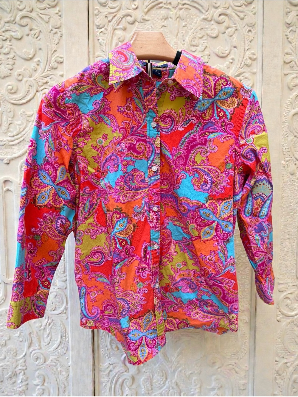 Chaps Paisley Button Front Shirt Small Bright Pink Multicolor Preppy Boho Top